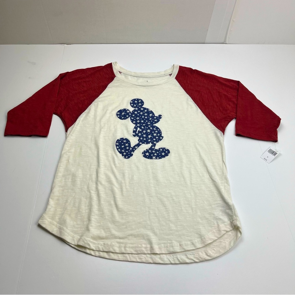Disney Parks Mickey Mouse Blue Star White 3/4 Sleeve Red Raglan Shirt Medium NEW